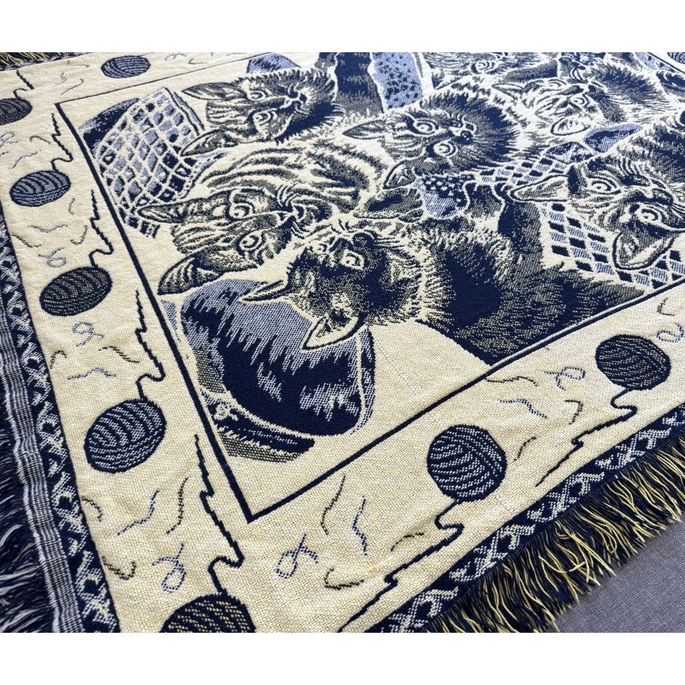 Vintage Woven Cat Kittens Throw Blanket Fringe Navy Cream 43x54 Tapestry Cottage - Picture 11 of 14